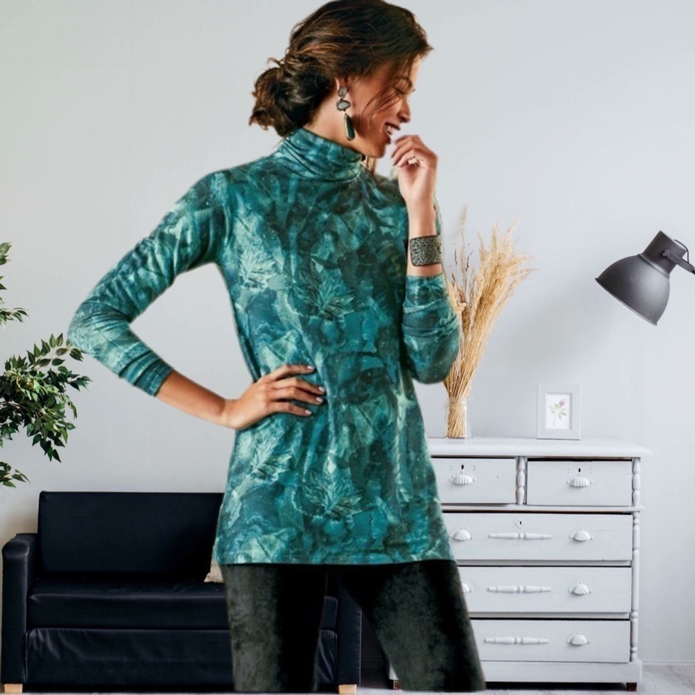Soft Surroundings Octavia Teal Turtleneck Leaf